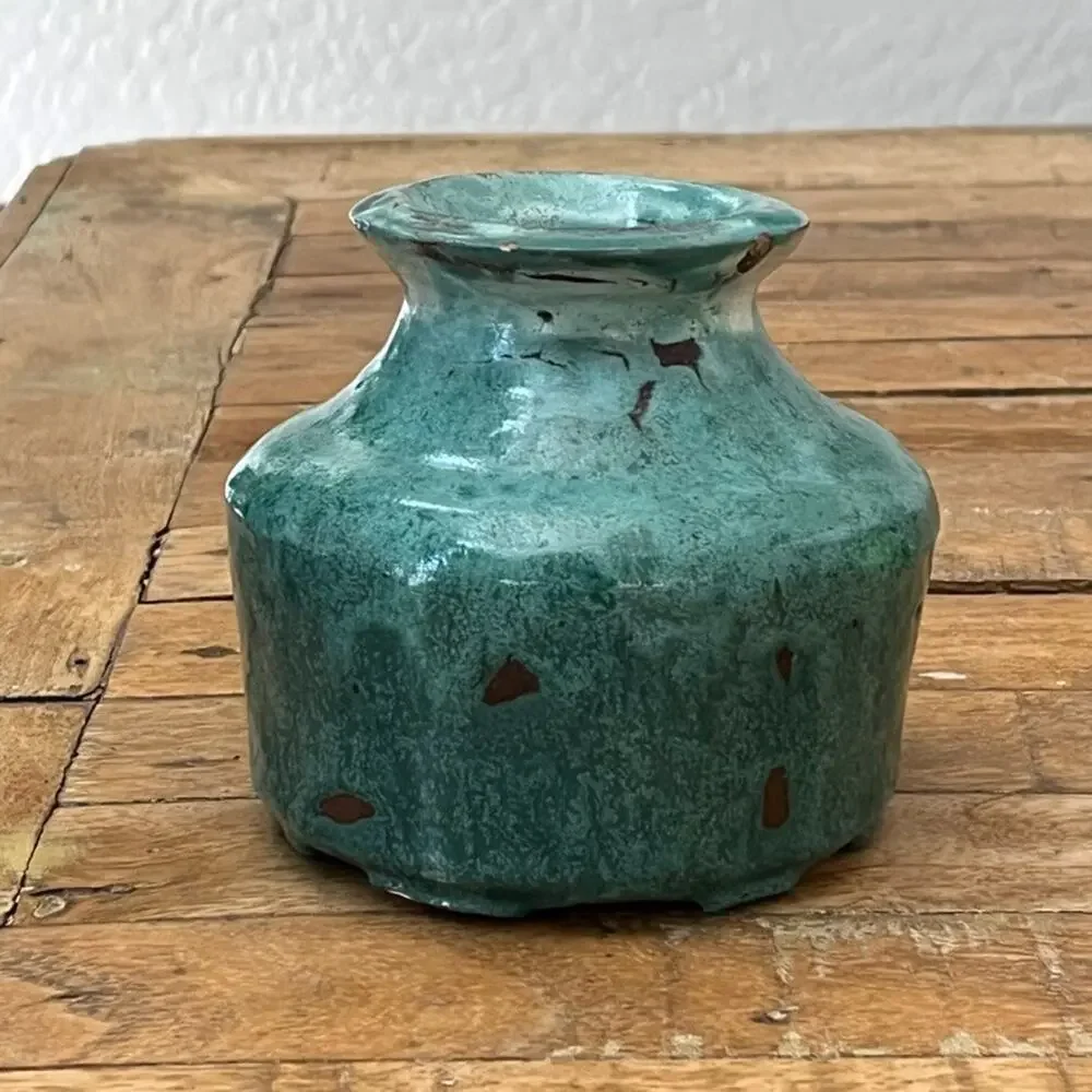Studio Art Pottery Vase Stoneware Green Blue Drip Glaze